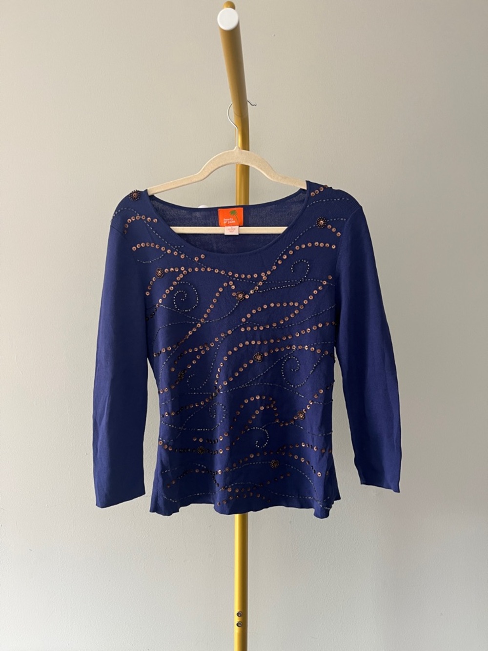Hearts Of Palm Blue Beaded Knit Pullover Sweater Round Neck 3/4 Sleeve S